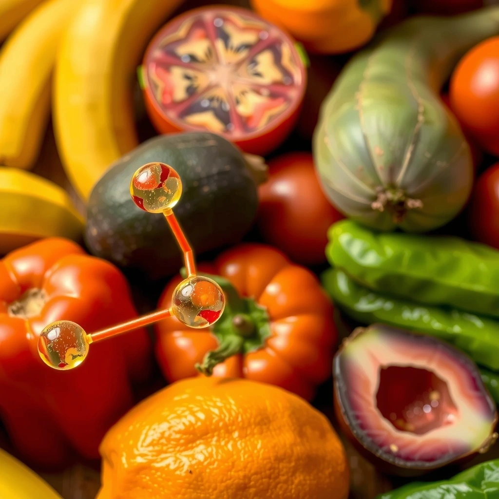 Representación molecular de un fitonutriente, con frutas y vegetales en el fondo