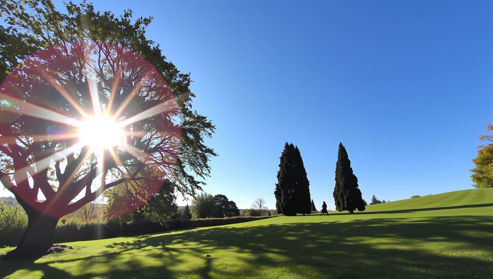 Paisaje natural sereno con sol naciente y una persona meditando, simbolizando vitalidad y bienestar.