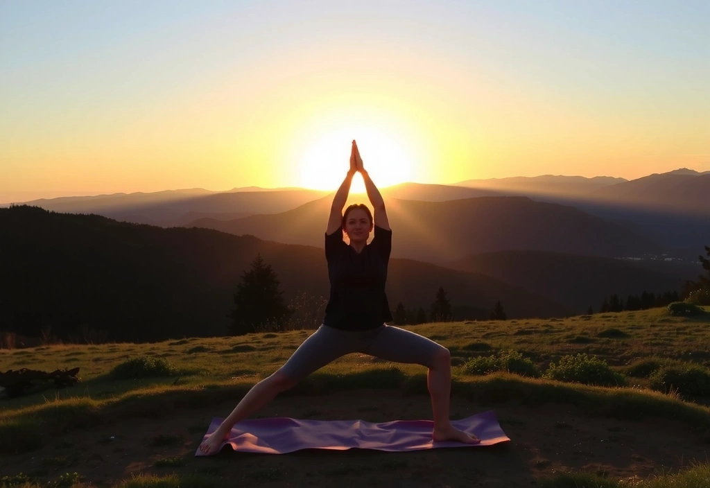 Persona practicando yoga al aire libre al amanecer, con montañas en el fondo, transmitiendo paz y salud.