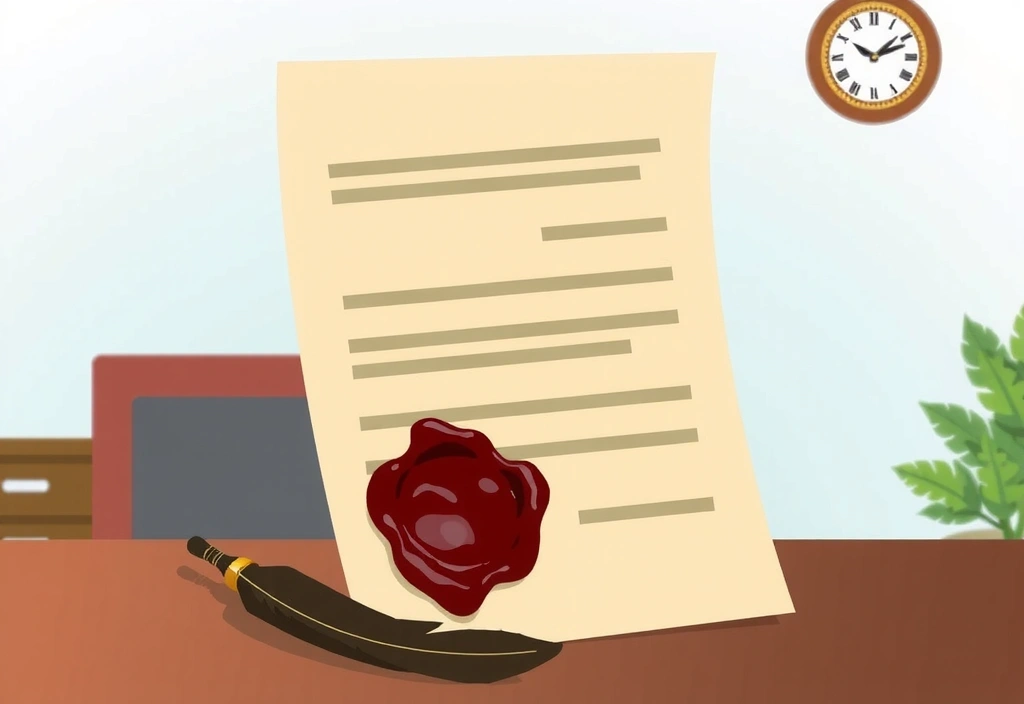 Ilustración de un documento legal con un sello y una pluma, simbolizando el aviso legal.