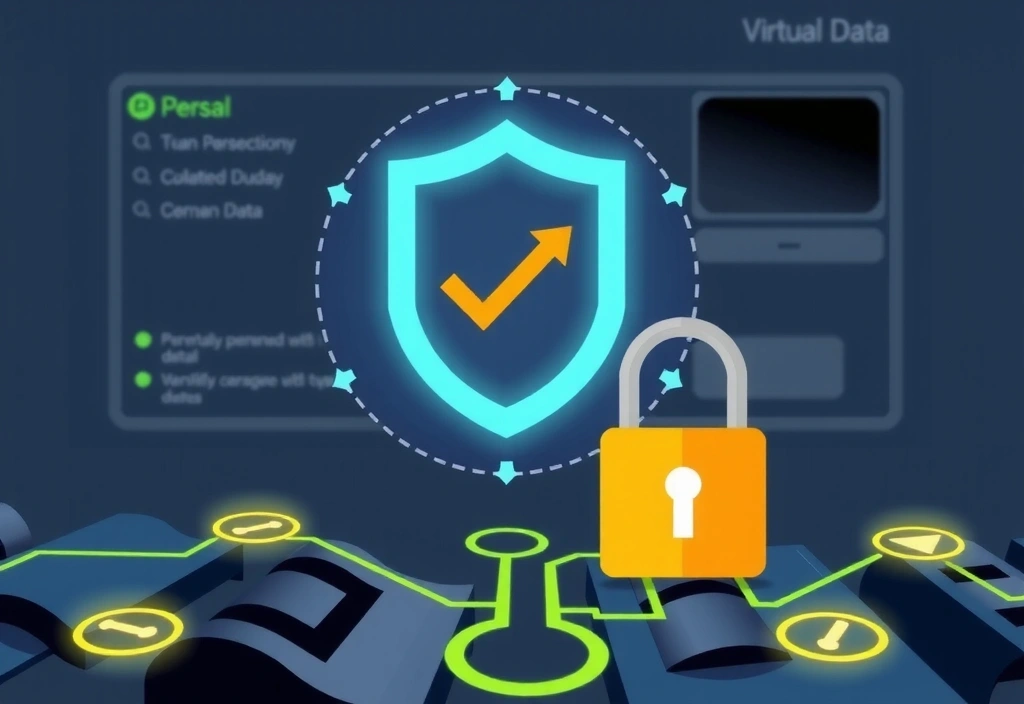 Ilustración de datos personales protegidos con un escudo y un candado digital.