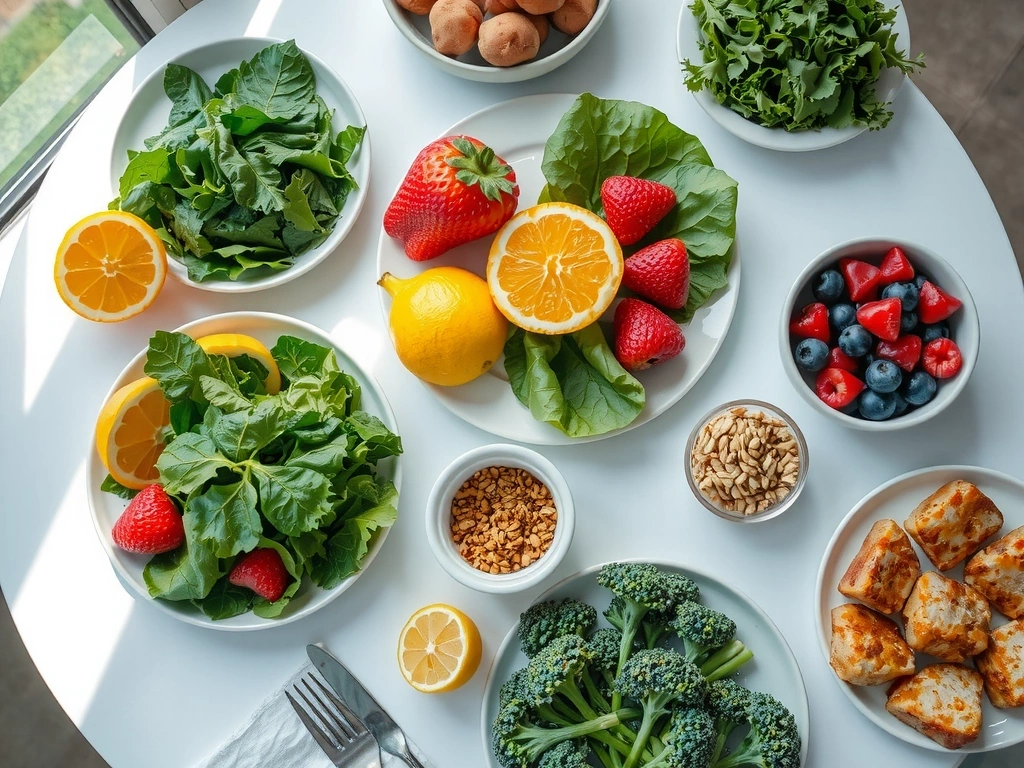 Mesa con una variedad de alimentos frescos y saludables: frutas, verduras, granos enteros y proteínas magras, dispuestos de forma atractiva en un ambiente luminoso.