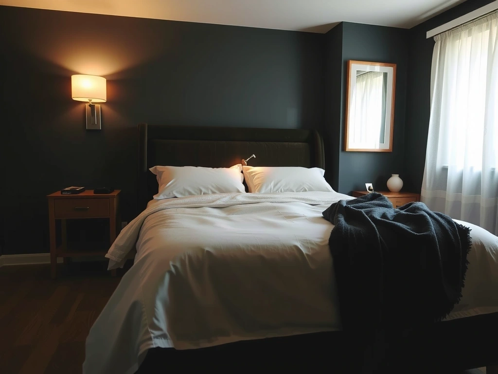 Una habitación acogedora y oscura con una cama bien hecha, almohadas suaves y luz tenue, invitando al descanso y la relajación.