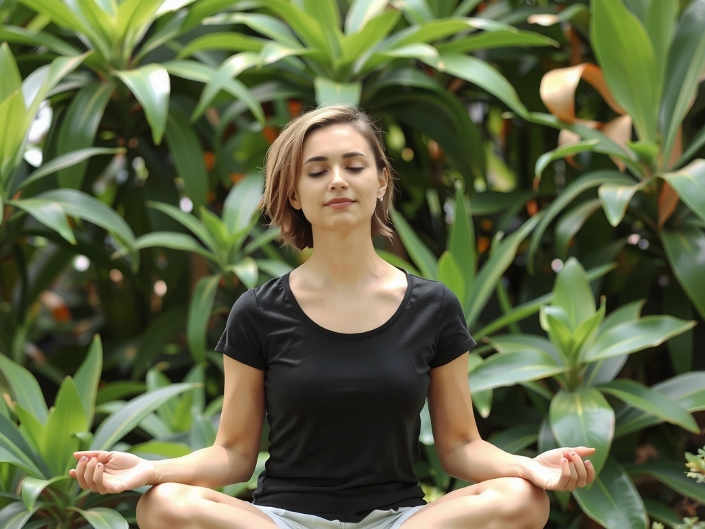 Una persona meditando en un entorno tranquilo y verde, con los ojos cerrados y una expresión de paz, rodeada de plantas.