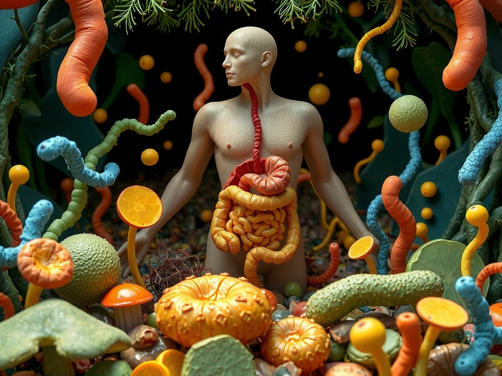 Una representación artística del microbioma intestinal, mostrando una diversidad de bacterias en un entorno vibrante y saludable.