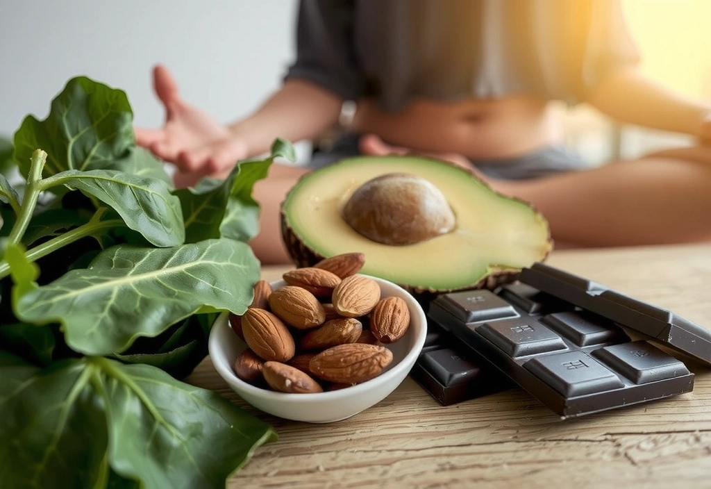 Alimentos ricos en magnesio y una persona relajada.