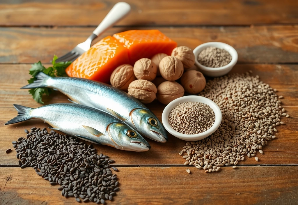 Fuentes de Omega-3 como pescado, aguacate y semillas.