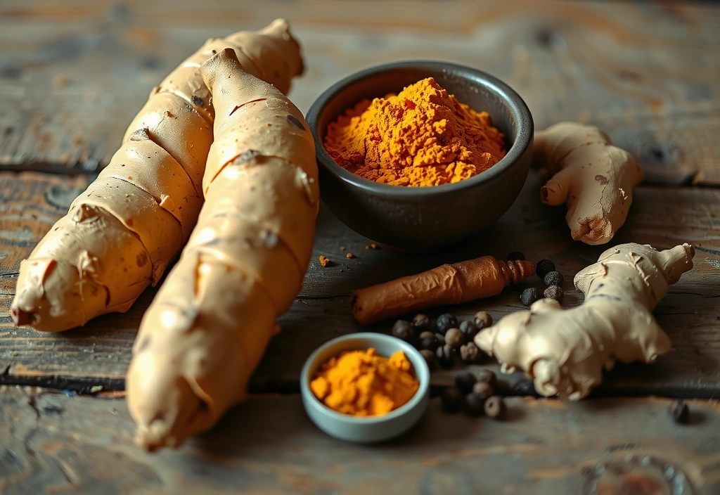 Raíz de cúrcuma y especias en un tazón.