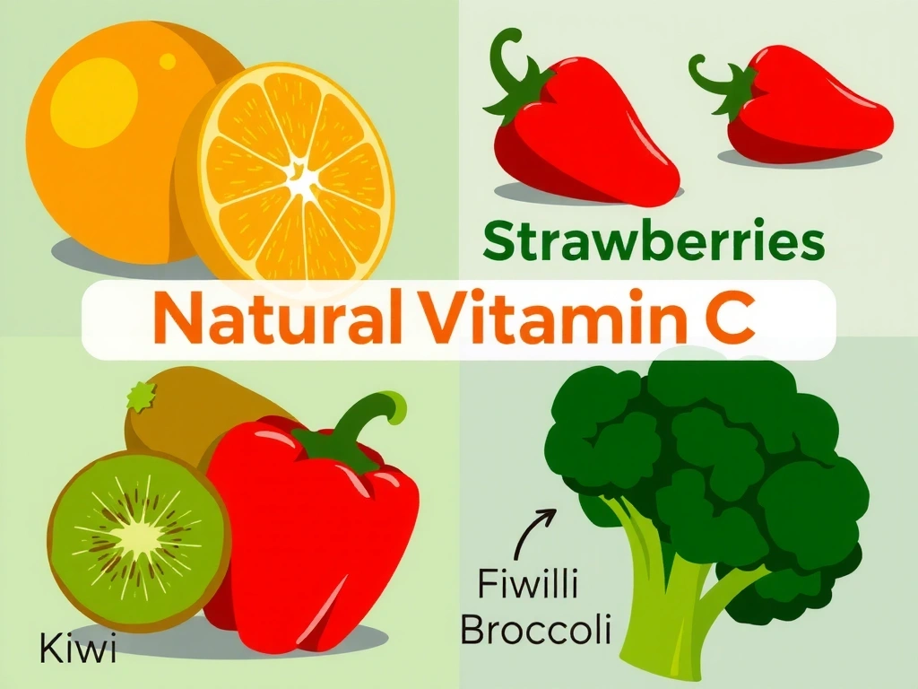 Infografía de fuentes naturales de Vitamina C como naranjas, fresas y pimientos.