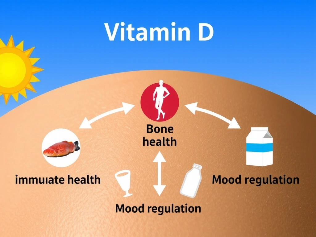 Infografía ilustrando la síntesis de Vitamina D en la piel por la exposición solar, con algunos alimentos ricos en Vitamina D.